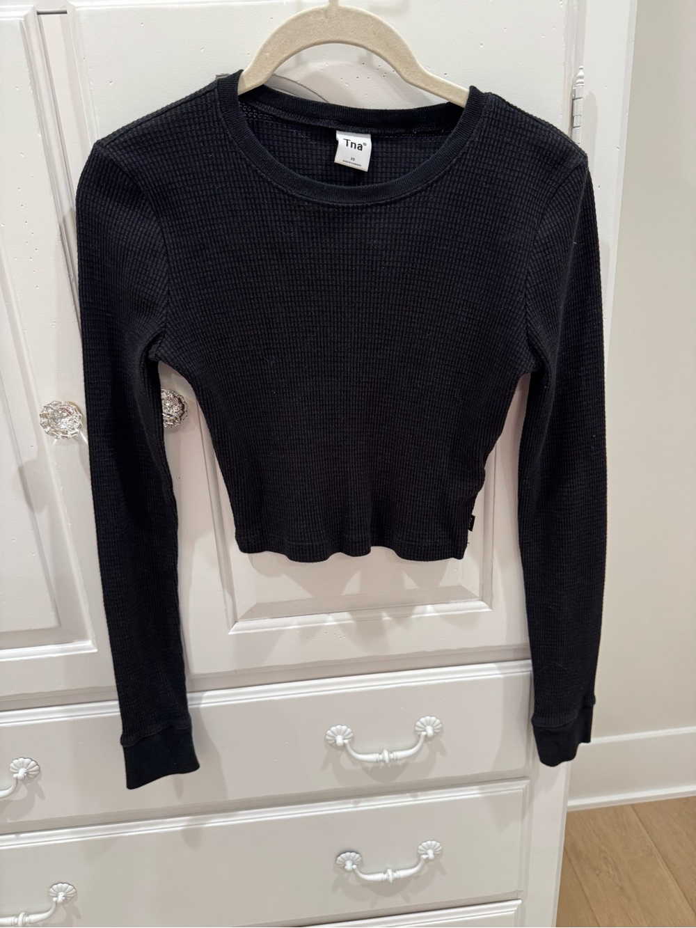 TNA Black Waffle Knit Long Sleeve Crop Top